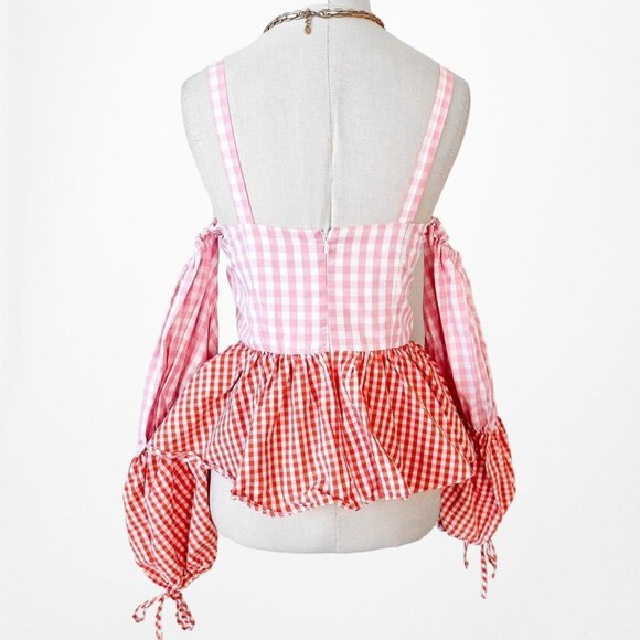 Pink Red Cold Shoulder Plaid Checkered Long Puffy Sleeve Peplum Top Size XS - Picture 8 of 9